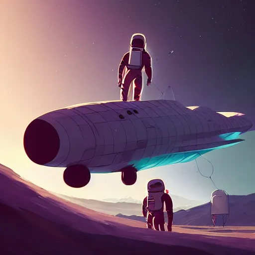 Image similar to ilustration astronaut unloading the spaceship before camping, characterized by roman shipunov, etienne hebinger, atey ghailan, cgsociety, cynical realism, fantasy art, 2 d game art