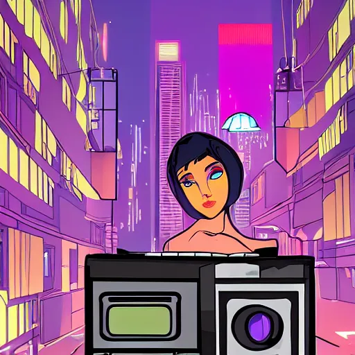 Prompt: a girl with a CRT TV head in a cyberpunk city