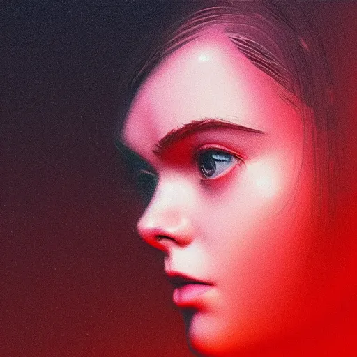 Image similar to silhouette of a Elle Fanning gazing at the ocean, pitch black room, extremely detailed masterpiece, realist oil on canvas, low-key neon lighting, artstation, Blade Runner 2049, Roger Deakin’s cinematography, by Adam Miller,