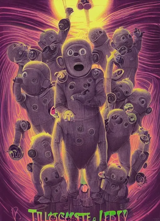 Prompt: disgusting teletubbies sci-fi horror movie poster, grotesque, scary, high details, intricately detailed, by vincent di fate, artgerm julie bell beeple, inking, 1990s, vintage 90s print, screen print