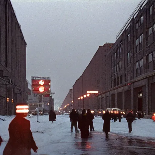 Image similar to 1990s movie still of a Norilsk street with many pedestrians with stalinist style highrise as a loading screen ,orbit space soviet city, Cinestill 800t 18mm, heavy grainy picture, very detailed, high quality, 4k panoramic, HD criterion, dramatic lightning, streetlight at night, rain, mud, foggy, soviet flags