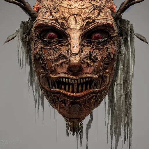 Image similar to Very very very very highly detailed epic photo of demonic face with venetian mask, intricate, dystopian, sci-fi, extremely detailed, digital painting, artstation, concept art, smooth, sharp focus, illustration, intimidating lighting, incredible art by Anton Pieck, Octane render in Maya and Houdini VFX