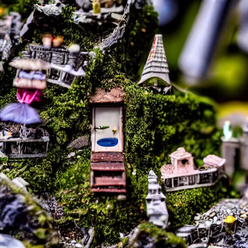 Image similar to macro photo of a miniature secret hidden world with tiny buildings teeth and people