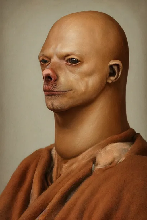 Prompt: kynokephaloi of dog head man, woolen torso in medieval clothes, oil painting, hyperrealism, beautiful, high resolution, trending on artstation,