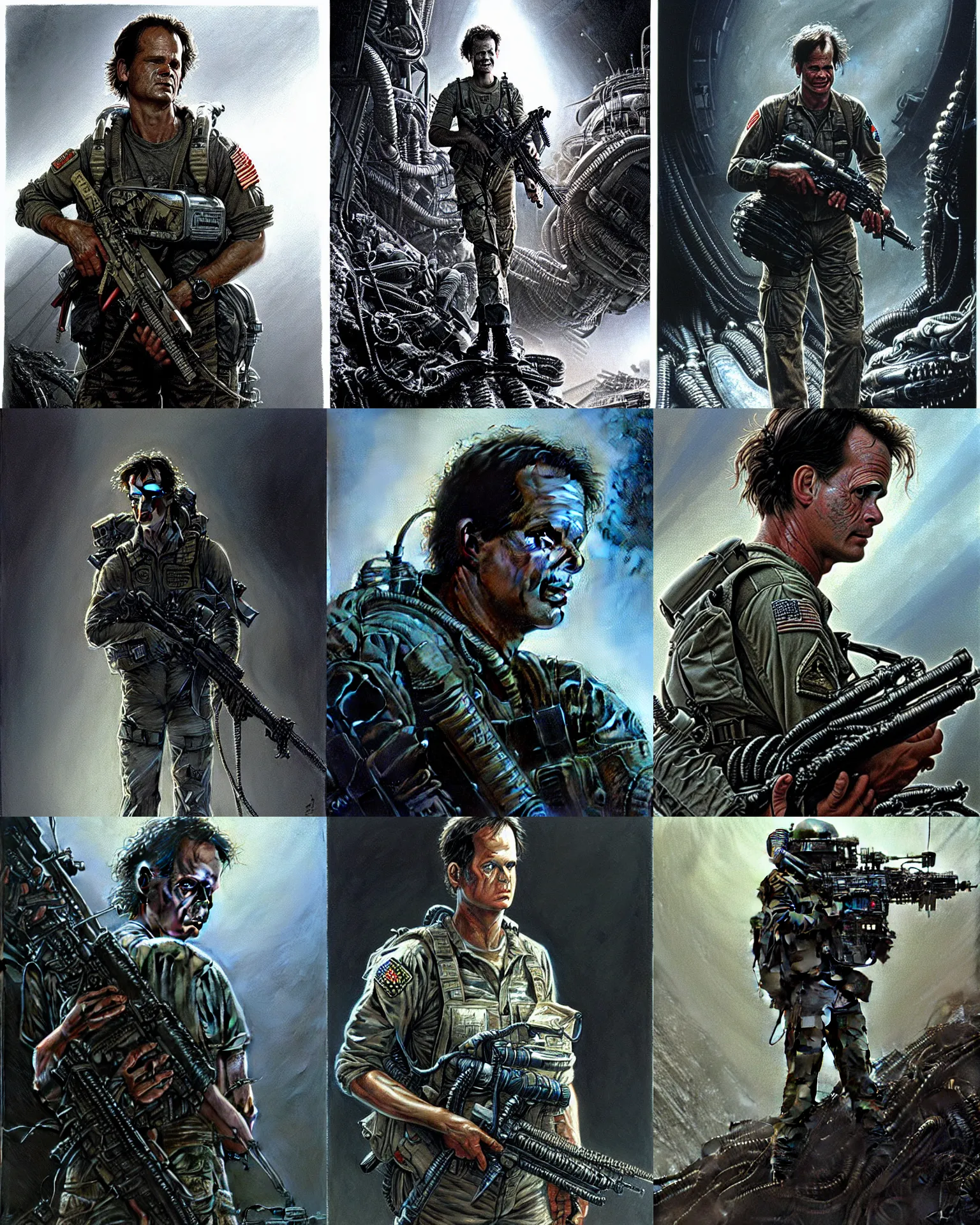 Prompt: private first class william l. hudson ( bill paxton ) in the film aliens 1 9 8 6, concept art, intricate details, highly detailed by greg rutkowski, michael whelan and gustave dore