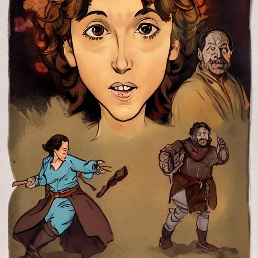 Prompt: portrait of Kristen Schaal as a d&d thief, in the styles of Frank Frazetta and Katsuhiro Otomo