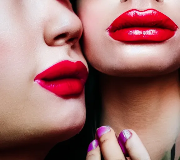 Image similar to close photo shot still of two womens rainbow painted lips kissing