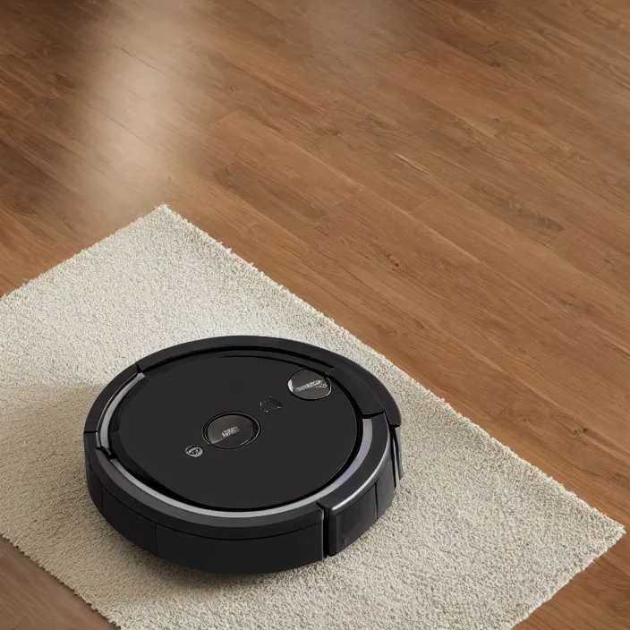 Image similar to A Roomba with a four stand legs with wheels just like a table, product advertising, professional advertising, studio quality product