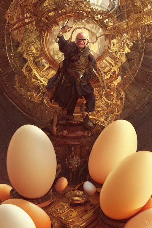 Image similar to danny devito the conqueror and offerer of eggs, fantasy, intricate, elegant, highly detailed, digital painting, artstation, concept art, sharp focus, illustration, art by artgerm and greg rutkowski and alphonse mucha