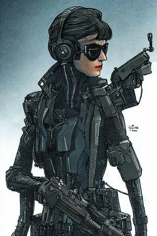 Prompt: selina kyle. blackops mercenary in near future tactical gear, stealth suit, and cyberpunk headset. Blade Runner 2049. concept art by James Gurney and Mœbius.