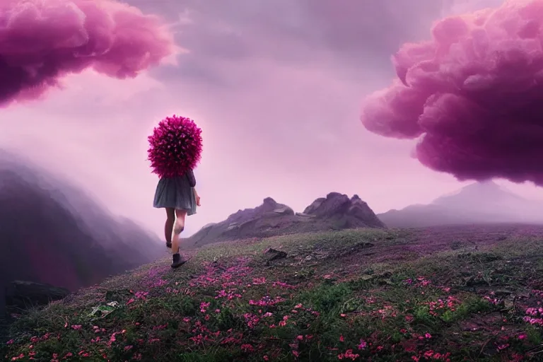 Image similar to giant dahlia flower on the head, girl walking on mountain, surreal photography, pink storm clouds, dramatic light, impressionist painting, digital painting, artstation, simon stalenhag