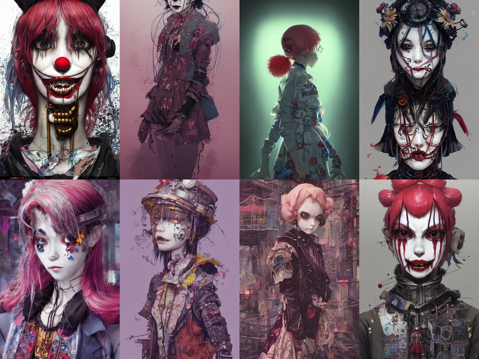 Image similar to by kyoto animation, very creepy clown girl, wearing cyberpunk intricate streetwear, beautiful, detailed portrait, intricate complexity, ilya kuvshinov, cell shaded, 4 k, concept art, by wlop, ilya kuvshinov, artgerm, krenz cushart, greg rutkowski, sharp focus, volumetric lighting, cinematic lighting, studio quality