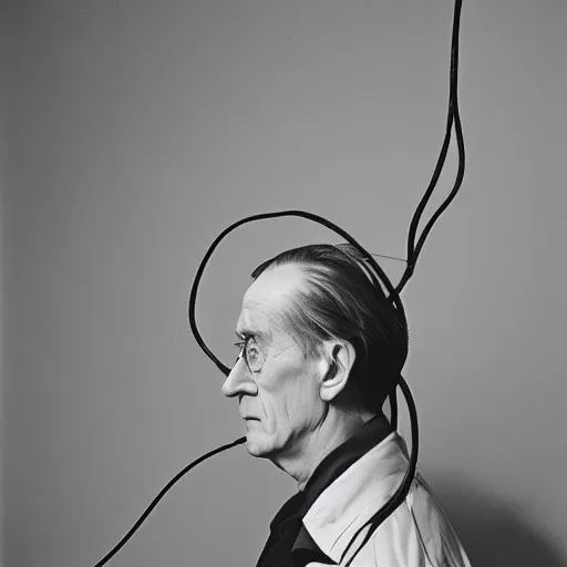 Image similar to a minimalist portrait of Marcel Duchamp holding computer cables in the style of Annie Leibovitz, Irving Penn, Hito Steyerl, Akira Kurosawa, Shinya Tsukamoto, line drawing and 35mm film, wide angle, monochrome, futuristic tetsuo