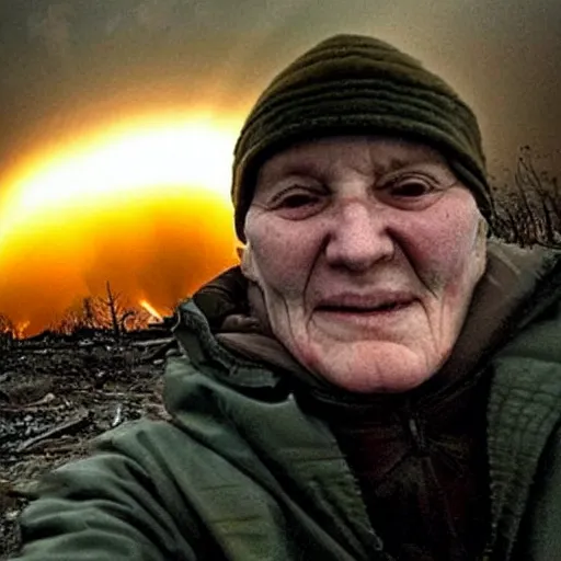 Image similar to last selfie of last alive ukrainian very damaged after a nuclear strike, a nuclear explosions in the background, hyper - realistic 2 0 2 2