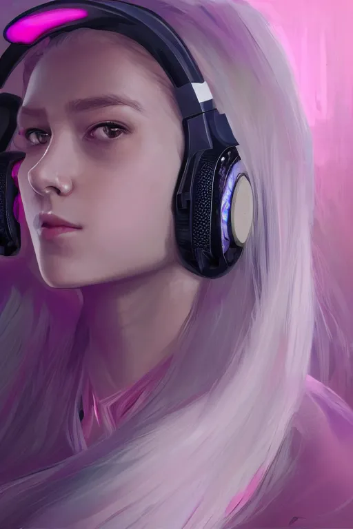 Prompt: gamer girl with blonde hair and dark eyes playing on her computer, portrait shot, face lit up by the monitor, pink gaming headset, dark atmosphere, dynamic lighting, intricate and very very beautiful, highly detailed, digital painting, artstation, concept art, smooth and sharp focus, illustration, art by tian zi and wlop and alphonse mucha