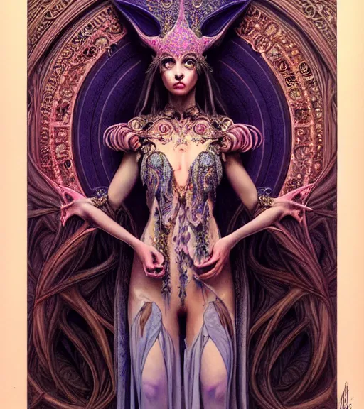 Image similar to symmetrical painting, a beautiful female sorceress in dress, pretty, detailed and intricate, perfect body shape, perfect face, hypermaximalist, elegant, ornate, luxury, elite, matte painting, cinematic lighting, james jean, brian froud, wayne barlowe,