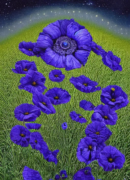 Image similar to detailed, intricate blue black and purple papaverum flower on the field, nebula, galaxy in the sky, winning award masterpiece, fantastically beautiful, illustration, aestheticly inspired, jacek yerka, upscale with anguissola sofonisba work, artstation, 8 k