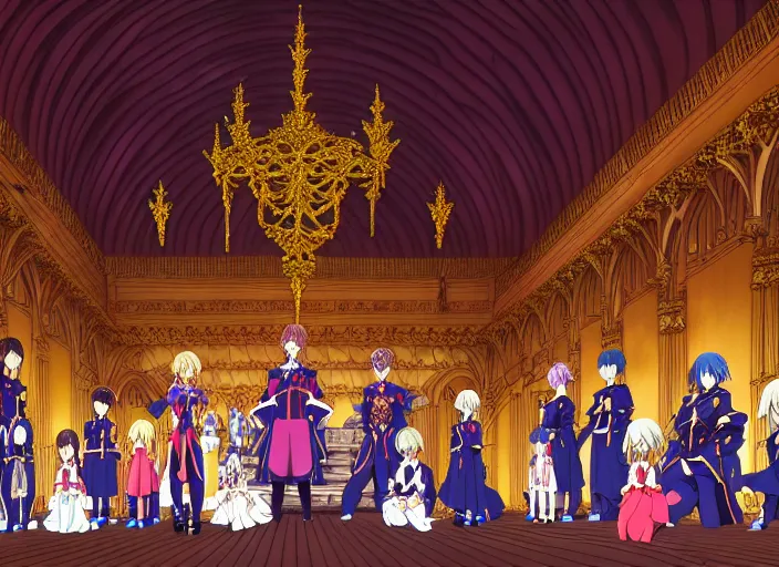 Image similar to key anime visual portrait of a castle's main hall interior with throne, servants, nobles, designed by mika pikazo, dynamic pose, dynamic perspective and angle, cinematic, film grain, detailed, intricate, at night, dramatic lighting, colorful, vivid