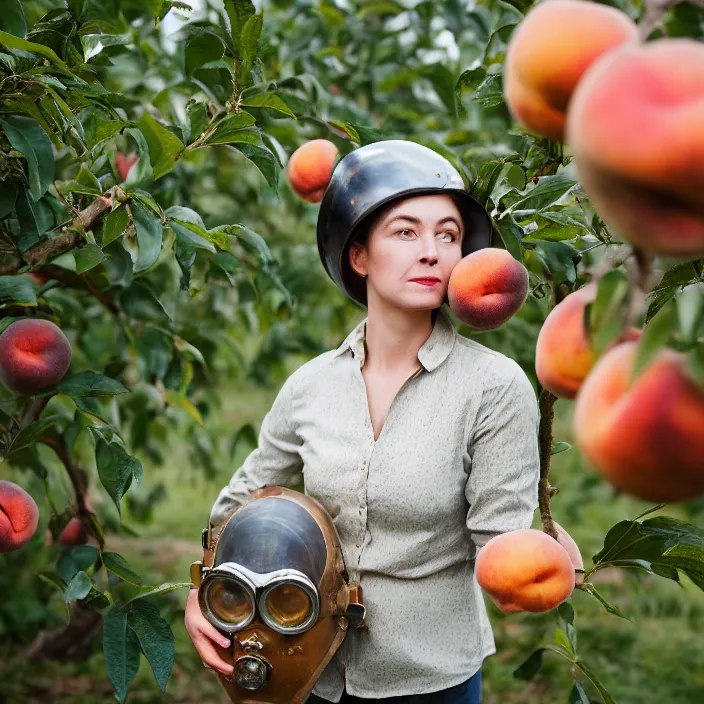 Image similar to a closeup portrait of a woman wearing a vintage diving helmet, picking peaches from a tree in an orchard, foggy, moody, photograph, by vincent desiderio, canon eos c 3 0 0, ƒ 1. 8, 3 5 mm, 8 k, medium - format print