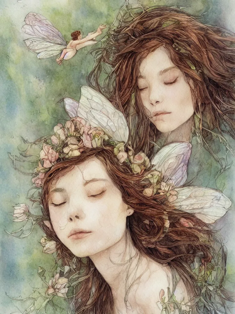 Image similar to study of a flower fairy, illustration, watercolor, alan lee, detailed, pretty, ethereal, realistic, artstation,