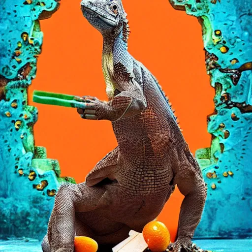 Image similar to “ a muscular komodo dragon, eating orange popsicle, in the style of baz luhrmann, romeo and juliet, hyper realistic, cinematic. ”