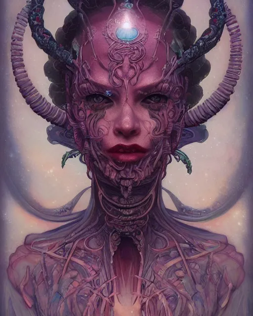 Image similar to centered portrait of a angry rotten beautiful alien growing ornamentation all around, ornate, ornaments, detailed, symmetrical, end of the world, elegant, beautifully soft lit, by wayne barlowe, peter mohrbacher, kelly mckernan, alphonse mucha