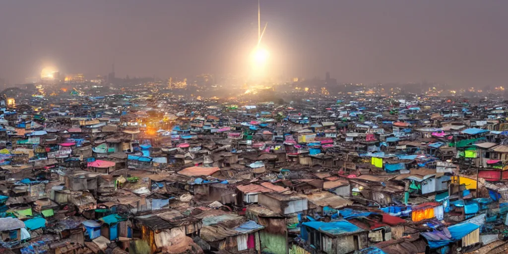 Image similar to large UFO over Ajegunle slums of lagos beaming neon rays of light, wide angle, Gold hour light,