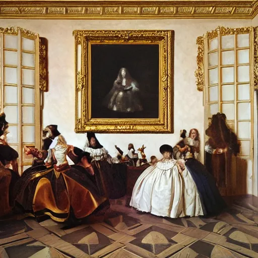 Image similar to super quality family portrait in the main room of the castle painted in 1 6 5 6, dark room, one point of light coming through the window inspired by las meninas, clear spaces between each subject and good detail and realistic eyes, faces for each person in the canva, inspired by diego velasquez baroque style