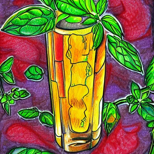 Prompt: Alcohol drawing of multicolor herb