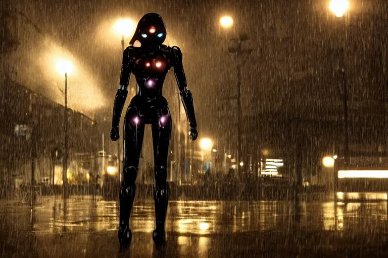 Image similar to vfx marvel sci-fi woman black super hero robot photo real, city street cinematic lighting, rain and fog by Emmanuel Lubezki