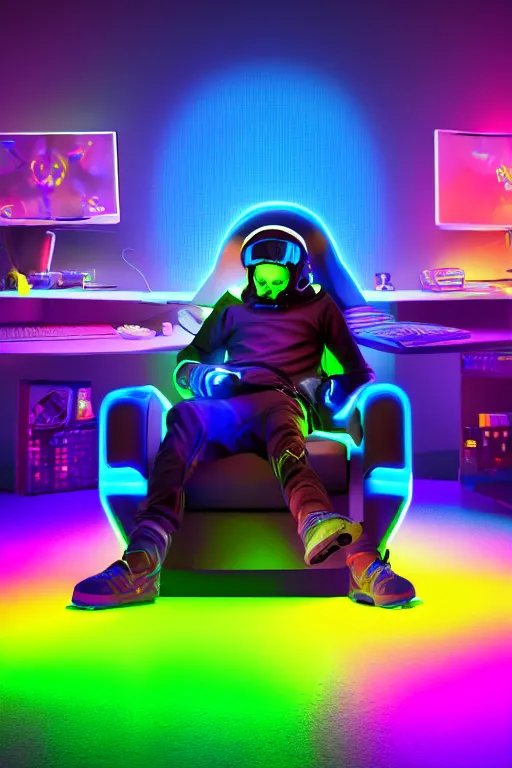 Image similar to a young male gamer sitting in gaming chair wearing a hoodie + neon rgb light strips, large computer monitor, space themed walls, cute bernedoodle puppy sitting at his feet, 4 k, award winning, octane render, volumetric lighting