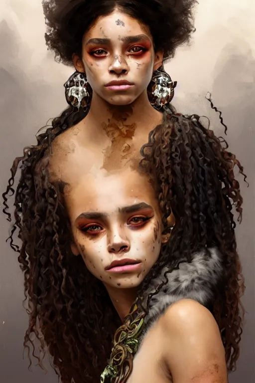 Image similar to portrait of a beautiful young aztec girl with vitiligo, covered in jaguar fur cloths, different colored eyes, curly black and brown hairs, by greg rutkowski and alphonse mucha, d & d character, gradient white to silver, highly detailed portrait, digital painting, artstation, concept art, smooth, sharp focus ilustration, artstation hq