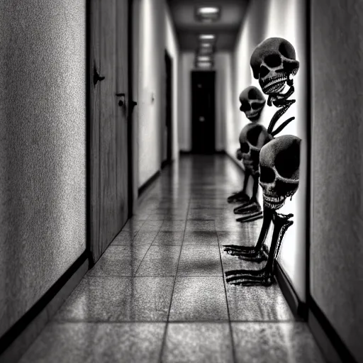 Image similar to skeletons waiting in line in a hallway, rtx on, perfect face, directed gaze, canon, vfx, symmetric balance, polarizing filter, photolab, lightroom, 4 k, dolby vision, photography award