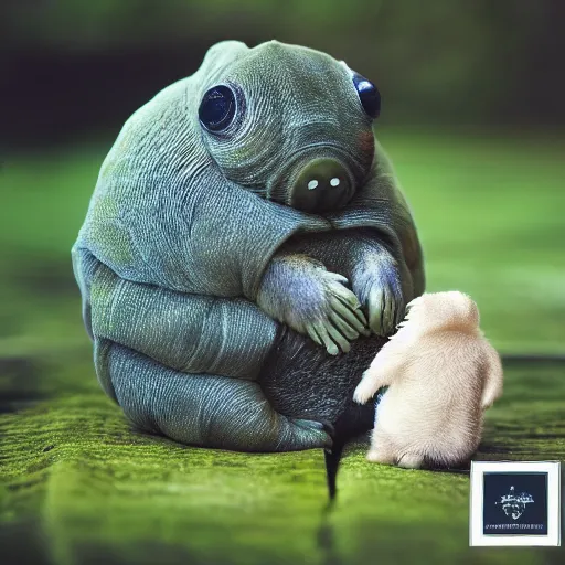 Image similar to lap tardigrade, petting the tough armor of a water bear, moss piglet, award - winning pet photography