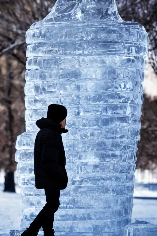 Prompt: transparent ice sculpture of man in sportswear jacket, intricate sculpture, cold, winter, street photo