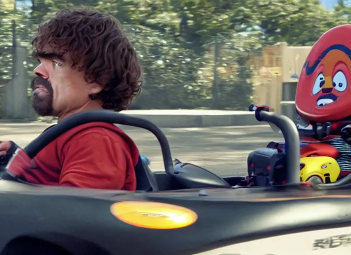 Prompt: peter dinklage racing vin diesel driving a little tikes cozy coupe, movie still, from the new gone in 6 0 seconds movie, 8 k, realistic