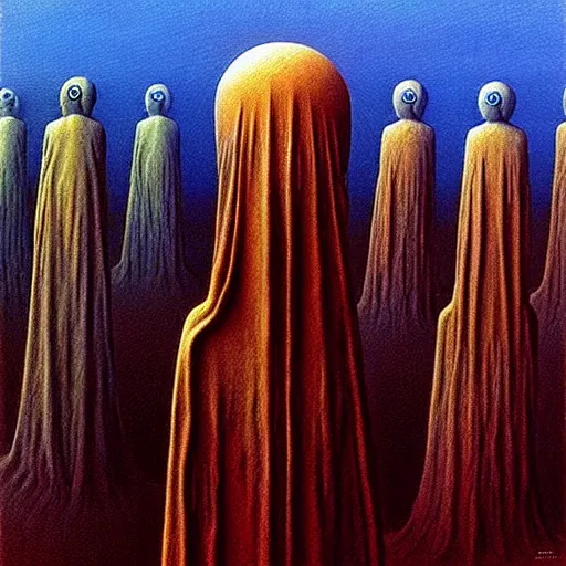 Image similar to dystopian surreal painting aliens in shrouds praying to a single eerie head statue surrounded by uneven buildings, artstyle by zdzisław beksinski