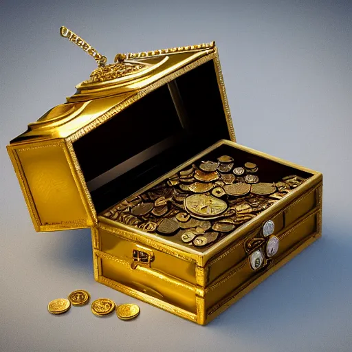 Image similar to A treasure chest filled with jewels, coins and golden artefacts, 4k, hdri, museum quality photo