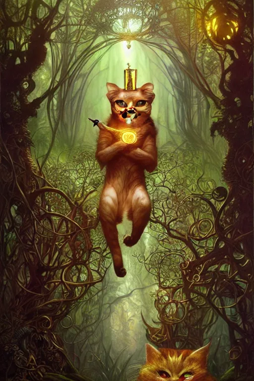 Image similar to gold cat god doing magic in the gnarly forest by Android Jones, tom bagshaw, mucha, karl kopinski