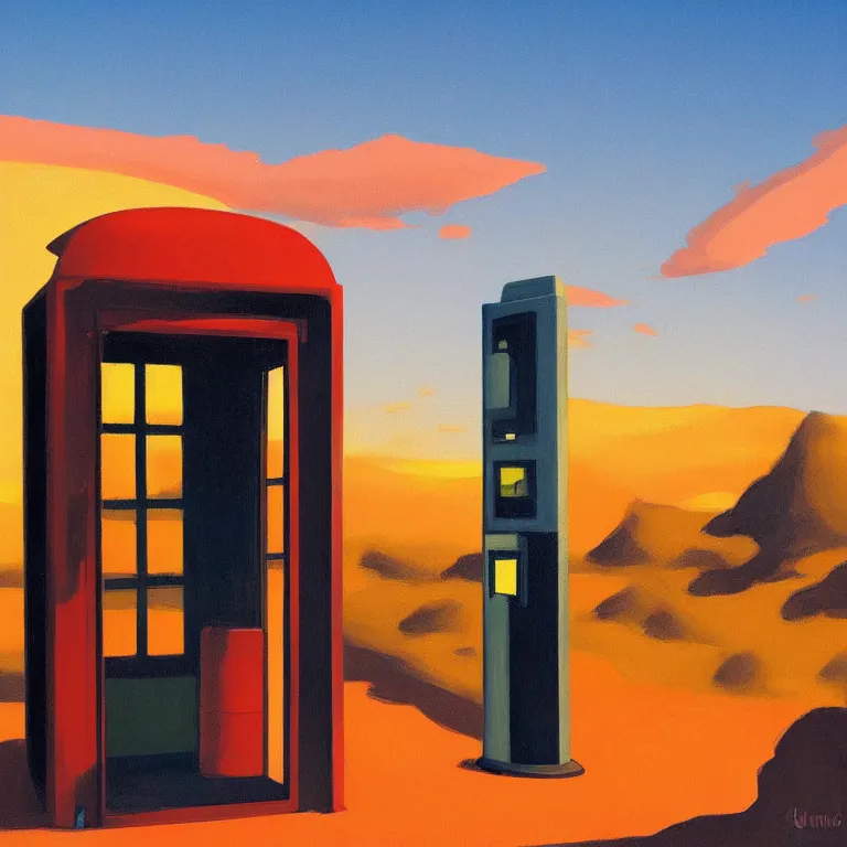 Prompt: phonebooth in a desert, sunset, painted by Edward Hopper, painted by James Gilleard, airbrush