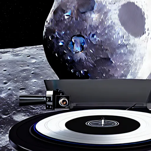 Image similar to a realistic matte painting of a dj with turntable play music on the moon, detailed, 8 k,