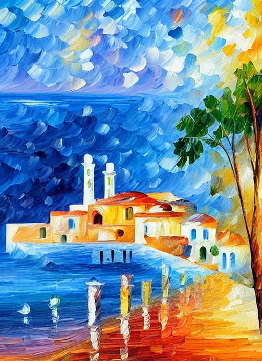 Image similar to beautiful seaside greek village in the style of leonid afremov