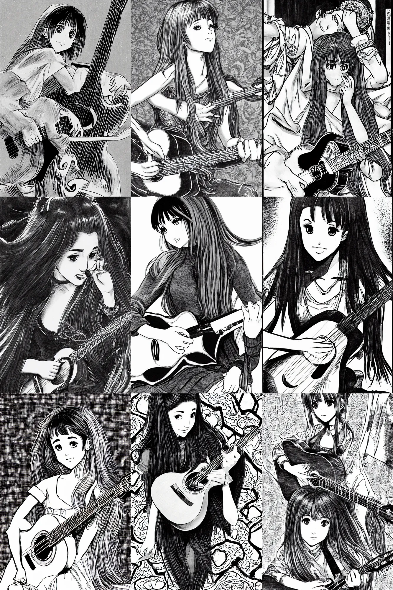 Prompt: Ariana Grande playing acoustic guitar, black and white manga, highly detailed, art by Kentaro Miura