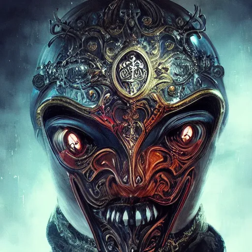 Image similar to Very very very very highly detailed epic photo of face with demonic venetian mask, intricate, dystopian, sci-fi, extremely detailed, digital painting, artstation, concept art, smooth, sharp focus, illustration, intimidating lighting, incredible art by Artgerm and Vincent di Fate