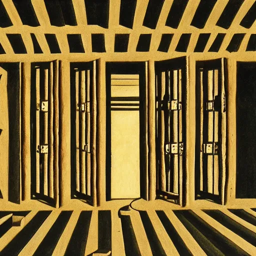 Prompt: ten doors in the middle of a desert, each opening to a different world, an alchemist standing in the middle, drawn by de chirico