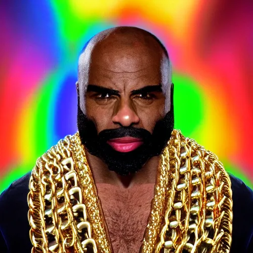 Image similar to a portrait photograph of joe rogan as mr. t wearing many gold chains with a psychedelic dmt background