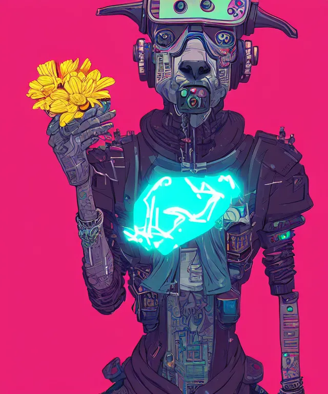 Image similar to a portrait of an anthropomorphic cyberpunk llama holding a flower, cyberpunk!, fantasy, elegant, digital painting, artstation, concept art, matte, sharp focus, illustration, art by josan gonzalez