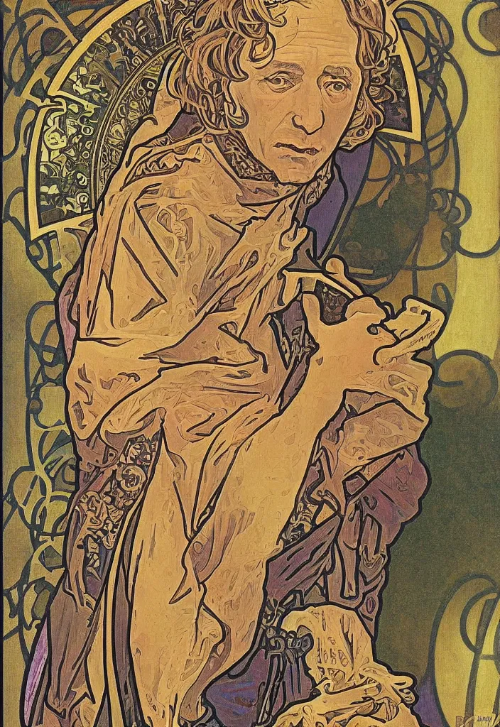 Image similar to Geoffrey Hinton as The Hierophant on a tarot card, tarot in art style by Alphonse Mucha