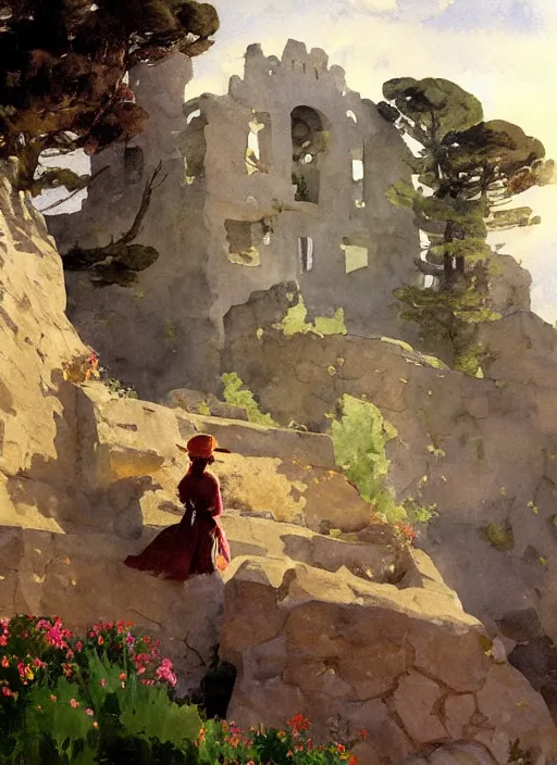 Prompt: california style watercolor painting of castle ruins on hilltop, stone walls, simplified realistic art, very beautiful ambient lighting, sun rays, dust, art by john singer sargent, by anders zorn and winslow homer, wonderful masterpiece by greg rutkowski, cinematic light, american romanticism by greg manchess, creation by tyler edlin