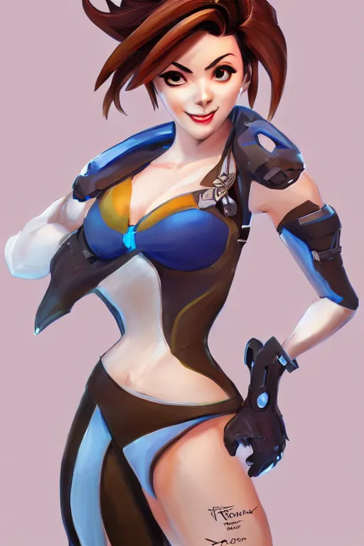 Prompt: pinup of tracer from overwatch, elegant, by rossdraws